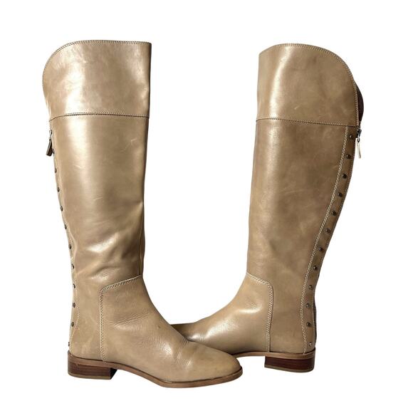 Franco Sarto Knee High Womens 7M Riding Boot Beige Leather Casual Zip Up Studded - Picture 5 of 9